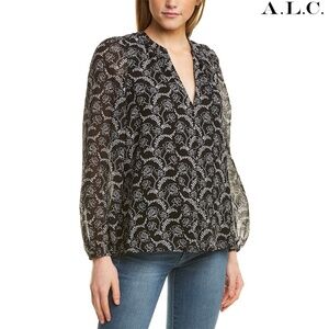 A.L.C. NWT ADARA PRINTED COTTON/SILK LINED BLACK/WHITE BLOUSE. SIZE 2(S)